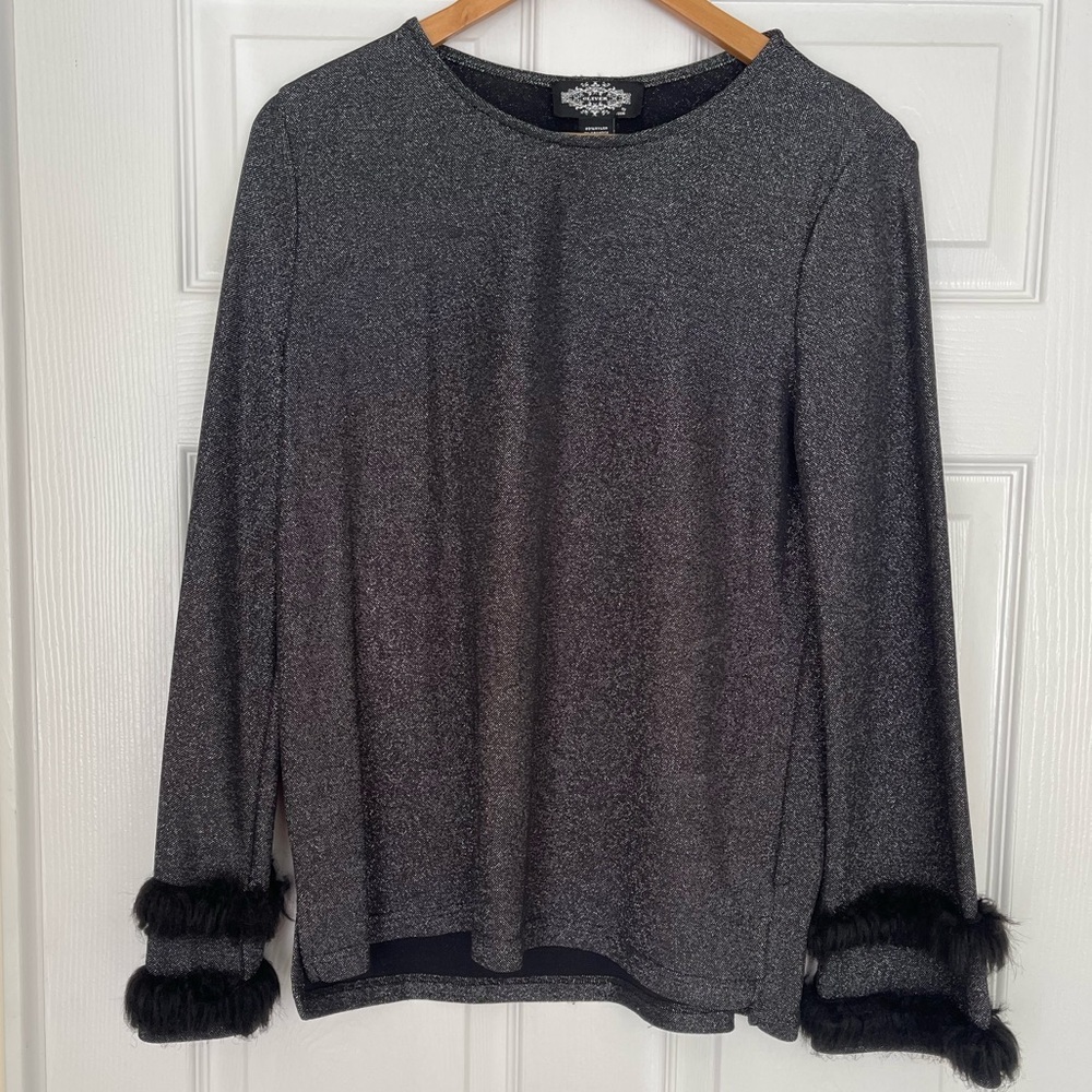 Women Glitter Black and Silver Top with fur on sleeve